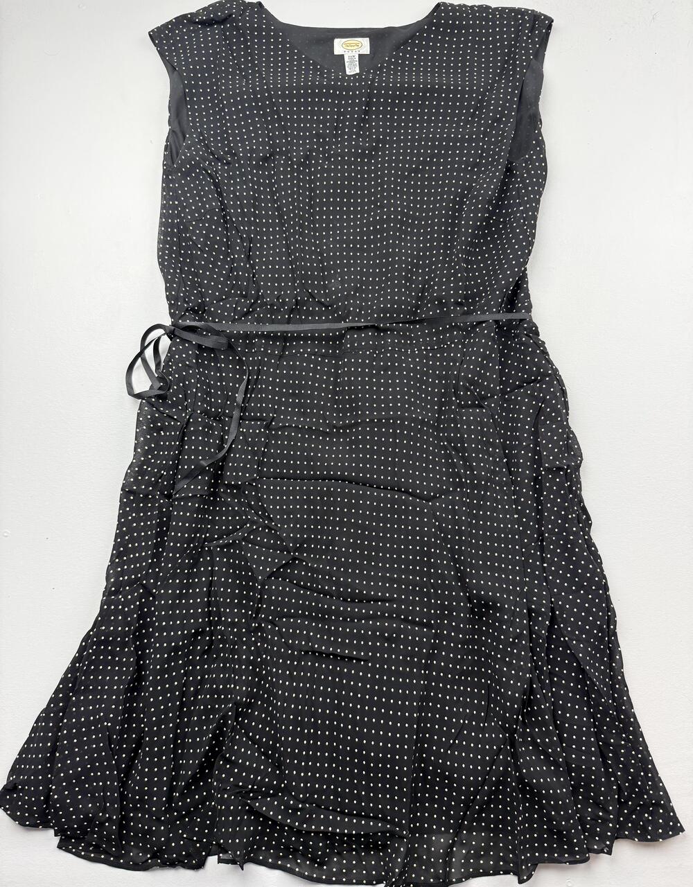 Talbots Dress Womens 24W Black Polka Dot V Neck Chiffon Belted A-Line Ruffle